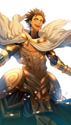 Rule 34 | 1boy, abs, absurdres, ahoge, bare pectorals, black gloves, brown hair, cape, dark skin, dark-skinned male, egyptian, egyptian clothes, fate/grand order, fate/prototype, fate/prototype: fragments of blue and silver, fate (series), gauntlets, gloves, highres, jewelry, looking at viewer, m/g, male focus, muscular, necklace, open mouth, outstretched arms, ozymandias (fate), pectorals, topless male, shrug (clothing), sign, simple background, smile, solo, spread arms, white background, white cape, yellow eyes