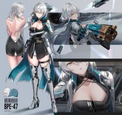 Rule 34 | 1girl, armored boots, back, bare back, black gloves, boots, breasts, cleavage, genderswap, genderswap (mtf), gloves, grey hair, gun, hair over one eye, highres, holding, holding gun, holding weapon, large breasts, long hair, looking at viewer, mole, mole on breast, punishing: gray raven, silence girl, solo, wanshi (punishing: gray raven), weapon, white hair, yellow eyes