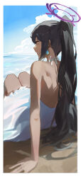 Rule 34 | 1girl, absurdres, alternate costume, arm support, back, back cutout, bare back, beach, black hair, blue archive, blue sky, blurry, clothing cutout, cloud, cloudy sky, commentary request, dark-skinned female, dark skin, depth of field, dress, earrings, from behind, hair between eyes, halo, highres, horizon, jewelry, karin (blue archive), kji (rozo), long hair, ocean, outdoors, ponytail, shoulder blades, sidelocks, sitting, sky, sleeveless, solo, white dress, yellow eyes
