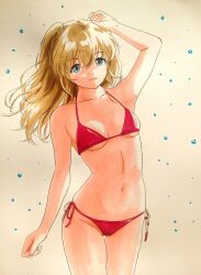 Rule 34 | 1girl, arm up, armpits, arms behind head, artist request, bare shoulders, bikini, blue eyes, breasts, brown hair, curvy, floating hair, hand in own hair, highres, legs apart, long hair, looking at viewer, medium breasts, micro bikini, navel, neon genesis evangelion, open mouth, red bikini, side-tie bikini bottom, simple background, smile, solo, souryuu asuka langley, stomach, swimsuit, thighs, thong, thong bikini, traditional media, two side up, wide hips