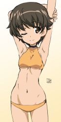 Rule 34 | 1girl, ;), arm grab, armpits, arms behind head, arms up, artist name, bad id, bad twitter id, bikini, breasts, brown eyes, brown hair, closed mouth, erakin, girls und panzer, gradient background, groin, halterneck, highres, looking at viewer, lowleg, lowleg bikini, nakajima (girls und panzer), navel, one eye closed, orange bikini, short hair, signature, skindentation, small breasts, smile, solo, standing, stretching, swimsuit, traditional media, underboob, yellow background