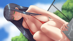 Rule 34 | 1girl, absurdres, bare arms, bare legs, bare shoulders, bikini, black hair, blunt bangs, blurry, blurry background, breasts, cleavage, collarbone, day, green eyes, highres, large breasts, leaning forward, long hair, looking at viewer, naughty face, original, outdoors, parted lips, poolside, red bikini, solo, straight hair, swimsuit, toniwing, very long hair