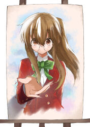 Rule 34 | 1girl, absurdres, arm behind back, ayanoi high school uniform, blazer, bow, bowtie, brown eyes, brown hair, buttoned cuffs, buttons, canvas (object), closed mouth, collared shirt, commentary request, cropped torso, easel, ga geijutsuka art design class, glasses, green bow, green bowtie, hair between eyes, highres, jacket, kootee-on, light blush, long hair, long sleeves, looking at viewer, outstretched hand, pink nails, ponytail, raised eyebrows, reaching, reaching towards viewer, red jacket, round eyewear, school uniform, shirt, sidelocks, simple background, smile, solo, through medium, through painting, white background, white shirt, yamaguchi kisaragi