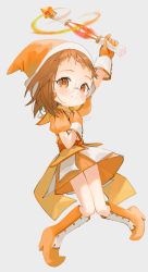 Rule 34 | 1girl, arm up, artist name, boots, brown hair, closed mouth, commentary, dress, earrings, fujiwara hazuki, full body, glasses, gloves, gotou (nekocat), grey background, hand on own chest, hat, high heel boots, high heels, highres, holding, holding wand, jewelry, knees together feet apart, long hair, looking at viewer, magical girl, medium hair, ojamajo doremi, orange dress, orange eyes, orange footwear, orange gloves, orange hat, pointy footwear, puffy short sleeves, puffy sleeves, rimless eyewear, sailor collar, short dress, short sleeves, simple background, smile, solo, standing, wand, witch hat