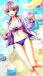 Rule 34 | 1girl, :d, bare legs, beach, bikini, blush, breasts, cleavage, collarbone, day, doukyuusei, doukyuusei another world, food, front-tie bikini top, front-tie top, game cg, groin, halterneck, holding, hood, hood down, hooded jacket, jacket, kurokawa satomi, large breasts, lens flare, looking at viewer, nail polish, navel, official art, open clothes, open jacket, open mouth, outdoors, purple bikini, purple hair, purple jacket, shaved ice, short hair, side-tie bikini bottom, sideboob, smile, solo focus, sparkle, straight hair, summer, swimsuit, thigh gap, yellow eyes, yellow nails