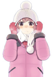 Rule 34 | 1girl, beanie, blush, brown eyes, brown hair, coat, frown, hat, mask, mattaku mousuke, mittens, mouth mask, original, pink coat, scarf, sick, simple background, snot, solo, surgical mask, upper body, white background, winter clothes, winter coat