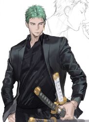Rule 34 | 1boy, absurdres, black jacket, black shirt, chamuring, doodle inset, earrings, expressionless, formal, green hair, highres, jacket, jewelry, long sideburns, looking to the side, male focus, one piece, one piece (live action), roronoa zoro, sheath, sheathed, shirt, short hair, sideburns, single earring, solo, suit