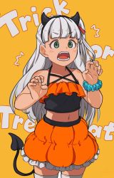Rule 34 | 1girl, arm scrunchie, text background, blunt bangs, claw pose, fake horns, fujinoki (horonabe-ken), green eyes, hair ribbon, halloween, halloween costume, horns, kantai collection, long hair, maestrale (kancolle), navel, one side up, open mouth, orange background, ribbon, scrunchie, simple background, skirt, solo, tail, thighhighs, trick or treat