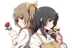 Rule 34 | 2girls, assault lily, back-to-back, black hair, bow, brown dress, closed mouth, collared shirt, commentary request, dress, fingernails, flower, flower knot, from side, green eyes, hair bow, hair ornament, hair over shoulder, hair scrunchie, hand up, heterochromia, highres, holding, holding flower, kuo shenlin, light brown hair, light smile, long dress, long hair, looking at another, looking at flowers, looking at object, looking to the side, low ponytail, multiple girls, musihara, one side up, orange bow, pinafore dress, profile, red eyes, red flower, red rose, rose, scrunchie, shirt, side ponytail, sideways glance, simple background, sleeveless dress, upper body, wang yujia, white background, white scrunchie, white shirt, yellow eyes, yellow flower, yellow rose