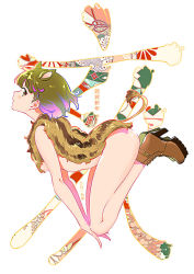 Rule 34 | 1girl, animal ears, ankle lace-up, arched back, bare arms, blush, boar ears, boots, breasts, brown footwear, buckle, cape, closed mouth, commentary request, cross-laced footwear, fake tail, from side, full body, gradient hair, green hair, hands on own knees, high heel boots, high heels, lace-up boots, looking at viewer, looking to the side, medium breasts, multicolored hair, naked cape, orange eyes, original, pink hair, profile, short hair, sideboob, sideways glance, solo, tail, text background, translation request, zpolice