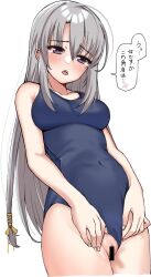 Rule 34 | 1girl, ahoge, artistic error, ayachi nene, bar censor, bare arms, blue one-piece swimsuit, blush, breasts, censored, clothing aside, collarbone, commentary, covered navel, cowboy shot, curvy, embarrassed, eyelashes, from below, grey hair, hair between eyes, hair ribbon, highleg, highleg swimsuit, highres, huge ahoge, large breasts, long hair, looking down, one-piece swimsuit, open mouth, purple eyes, pussy, ribbon, sanoba witch, sidelocks, simple background, solo, speech bubble, straight hair, swimsuit, swimsuit aside, teeth, tft (tft7822), thigh gap, translated, tsurime, upper teeth only, very long hair, white background, yellow ribbon