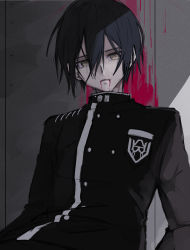 Rule 34 | 1boy, black hair, black jacket, blood, blood from mouth, blood on face, brown eyes, buttons, commentary request, danganronpa (series), danganronpa v3: killing harmony, double-breasted, empty eyes, hair between eyes, highres, iumi urura, jacket, long sleeves, looking at viewer, male focus, open mouth, pink blood, saihara shuichi, sitting, solo, upper body