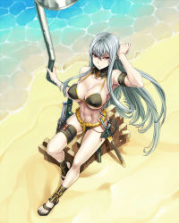 Rule 34 | 00s, 1girl, abs, beach, bikini, black bikini, breasts, cleavage, detached collar, covered erect nipples, highres, large breasts, long hair, navel, open mouth, outdoors, red eyes, sandals, selvaria bles, senjou no valkyria (series), senjou no valkyria 1, sheath, sheathed, silver hair, solo, strap gap, swimsuit, sword, syunzou, water, weapon