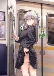 Rule 34 | 1girl, absurdres, aged up, alternate costume, ass, blazer, braid, clothes lift, commentary request, from behind, genshin impact, gradient hair, green eyes, grey hair, hair between eyes, hair ornament, highres, holding, jacket, koyui (ziwei), lifted by self, long hair, long sleeves, looking at viewer, looking back, multicolored hair, nahida (genshin impact), pleated skirt, pointy ears, reflection, school uniform, seat, sidelocks, single braid, skirt, skirt lift, smile, solo, symbol-shaped pupils, train, train interior, twintails, window