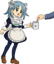Rule 34 | 1girl, apron, blue eyes, blue hair, coin, cup, full body, hair ornament, highres, kasuga (kasuga39), maid, mug, open mouth, pantyhose, progress bar, puzzle piece, sign, smile, solo focus, transparent background, twintails, waist apron, wikipe-tan, wikipedia
