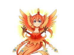 Rule 34 | 1girl, bird, blue eyes, female focus, gradient background, harpy, jingai modoki, mon-musu quest!, mon-musu quest: paradox, monster girl, navel, phoenix girl (mon-musu quest!), smile, solo, wings