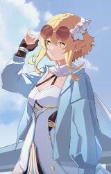 1girl absurdres adjusting_eyewear blonde_hair blue_jacket blue_sky breasts cleavage cloud cloudy_sky commentary_request dress genshin_impact h.pn hair_between_eyes highres jacket long_sleeves looking_at_viewer lumine_(genshin_impact) medium_breasts open_clothes open_jacket scarf short_hair short_hair_with_long_locks sidelocks sky solo sunglasses white_dress white_scarf yellow_eyes