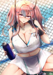 Rule 34 | 1girl, azur lane, beach, blush, bottle, breasts, bremerton (azur lane), bremerton (scorching-hot training) (azur lane), chain-link fence, day, fence, hair ornament, hairclip, heart, heart necklace, highres, huge breasts, ibara azuki, jewelry, long hair, looking at viewer, mole, mole under eye, multicolored hair, navel, necklace, pink eyes, pink hair, skirt, solo, sportswear, streaked hair, sweat, tennis uniform, twintails, water bottle