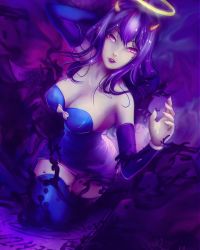 Rule 34 | 1girl, alice (bendy and the ink machine), bendy and the ink machine, black hair, breasts, cleavage, detached sleeves, gloves, halo, highres, hip focus, horns, ink, long hair, pink eyes, purple lips, solo, thighhighs