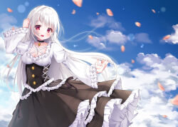 Rule 34 | 1girl, :d, arm up, black skirt, blue sky, blush, breasts, cleavage, cloud, cloudy sky, comiket 102, commentary request, day, frilled skirt, frilled sleeves, frills, fujikura ryuune, grey hair, hair intakes, juliet sleeves, long hair, long sleeves, looking at viewer, medium breasts, open mouth, original, outdoors, petals, puffy sleeves, red eyes, shirt, skirt, sky, smile, solo, very long hair, white shirt, wide sleeves
