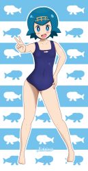 Rule 34 | 1girl, barefoot, blue eyes, blue hair, breasts, creatures (company), female focus, full body, game freak, highres, kunaless, lana (pokemon), looking at viewer, nintendo, open mouth, pokemon, pokemon (anime), pokemon sm, short hair, small breasts, swimsuit, victory pose