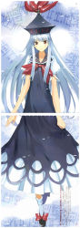 Rule 34 | 1girl, blue dress, blue hair, blush, bow, bowtie, crease, dress, full body, gradient background, hat, hat bow, highres, kamishirasawa keine, long hair, looking at viewer, non-web source, puffy sleeves, red eyes, scan, scan artifacts, shoes, short sleeves, smile, socks, solo, text focus, touhou, ueda ryou, very long hair, white socks