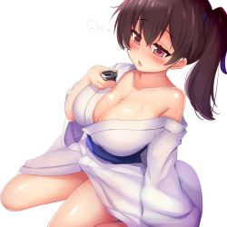 Rule 34 | 1girl, alcohol, bath yukata, blush, breasts, brown eyes, brown hair, choko (cup), cleavage, collarbone, commentary request, cup, drunk, highres, japanese clothes, kaga (kancolle), kantai collection, kimono, kurokoshou (emuburemu123), large breasts, long hair, long sleeves, off shoulder, open mouth, side ponytail, simple background, sweat, white background, yukata