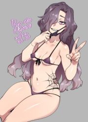 Rule 34 | 1girl, agawa ryou, bikini, breasts, grey background, long hair, looking at viewer, mask, midriff, mouth mask, navel, original, purple eyes, purple hair, sharp teeth, simple background, small breasts, smile, solo, swimsuit, tattoo, teeth, thick thighs, thighs, v, wavy hair