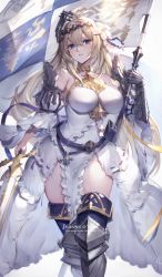 Rule 34 | 1girl, ahoge, armor, armored dress, bare shoulders, belt, blonde hair, blush, boots, breasts, character name, diadem, dress, flag, flower, gauntlets, granblue fantasy, greaves, hair between eyes, hair flower, hair intakes, hair ornament, halterneck, highres, jeanne d&#039;arc (granblue fantasy), large breasts, long hair, looking at viewer, parted lips, sheath, solo, sword, thigh boots, thighhighs, thighs, very long hair, watao, weapon, white dress, white flower