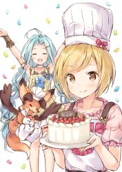 Rule 34 | 2girls, :d, :q, ^ ^, ahoge, apron, arms up, beige apron, blonde hair, blue bow, blue hair, blush, bow, braid, brown eyes, cake, chef hat, closed eyes, closed mouth, collarbone, confetti, djeeta (granblue fantasy), dragon, food, fruit, granblue fantasy, hair ornament, hairclip, hat, holding, holding plate, long hair, looking at viewer, low twintails, lyria (cutie apron) (granblue fantasy), lyria (granblue fantasy), multiple girls, open mouth, outstretched arms, parted bangs, pink shirt, plate, pleated skirt, puffy short sleeves, puffy sleeves, shirt, short hair, short sleeves, simple background, skirt, smile, strawberry, teeth, tongue, tongue out, toque blanche, twin braids, twintails, upper teeth only, very long hair, vyrn (granblue fantasy), wataame27, white apron, white background, white hat, white skirt