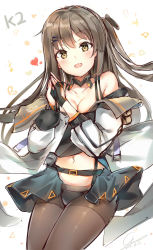 Rule 34 | 1girl, :d, blush, breasts, brown eyes, brown hair, buckle, character name, cleavage, collarbone, commentary request, crop top, dated, ginn (hzh770121), girls&#039; frontline, gloves, hair ornament, hairclip, hands up, heart, highres, jacket, k2 (girls&#039; frontline), long hair, looking at viewer, medium breasts, midriff, miniskirt, musical note, navel, off shoulder, open mouth, own hands together, panties, pantyhose, partially fingerless gloves, pouch, side ponytail, signature, sketch, skirt, smile, solo, suspenders, underwear