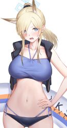 Rule 34 | 1girl, :o, absurdres, animal ear fluff, animal ears, aoi riko, bikini, black vest, blonde hair, blue archive, blue bikini, blush, breasts, collarbone, cosplay, fox ears, hair over one eye, halo, hand on own hip, highres, innertube, kanna (blue archive), large breasts, looking at viewer, navel, parted bangs, ponytail, sharp teeth, side-tie bikini bottom, simple background, solo, swim ring, swimsuit, teeth, valkyrie police academy student (sg) (blue archive) (cosplay), vest, white background