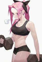 Rule 34 | 1girl, puff of air, absurdres, barbell, bare arms, bare shoulders, black bow, black shorts, bow, breasts, cai bi, character request, cleavage, commentary request, copyright request, cowboy shot, crop top, dumbbell, exercising, female focus, forehead, grey background, hair bow, highres, long hair, medium breasts, midriff, navel, pink eyes, pink hair, ponytail, short shorts, shorts, sidelocks, simple background, solo, sports bra, standing, stomach, sweat, thighs, toned female, weightlifting, white background