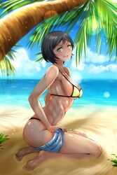 Rule 34 | 1girl, alex (totally spies), bare legs, barefoot, beach, bikini, black hair, breasts, collarbone, commission, denim, denim shorts, feet, female focus, from side, full body, highres, large breasts, looking at viewer, micro bikini, nonoririn, ocean, open mouth, outdoors, palm tree, pulled by self, sand, shore, short hair, short pull, short shorts, shorts, sideboob, smile, soles, solo, sweat, swimsuit, teeth, thighs, toes, totally spies, tree, upper teeth only, water, yellow bikini, yellow eyes
