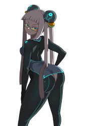 Rule 34 | &gt;:), 1girl, alternate hairstyle, arched back, ass, back-seamed legwear, black pantyhose, blue eyes, blue skirt, bodysuit, breasts, dress, electro emilia, from behind, glasses, halterneck, hand on own hip, hand on thigh, headgear, hime cut, ken (koala), legs, long hair, looking at viewer, looking back, microdress, neon trim, original, panties, panties under pantyhose, pantyhose, pantyshot, seamed legwear, side slit, sidelocks, skirt, sleeveless, solo, tri tails, underwear, upskirt, v-shaped eyebrows, very long hair, white hair, yin yang