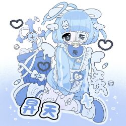 Rule 34 | 1girl, ahoge, animal ears, apron, bandaid, bandaid on leg, black eyes, blue footwear, blue hair, blue jacket, blue theme, blunt bangs, cross, eyepatch, frilled apron, frills, full body, gradient background, hair ornament, halo, heart, heart wand, highres, jacket, jersey maid, kumo1411, long sleeves, looking at viewer, loose socks, maid, medical eyepatch, original, pacifier, pastel colors, pill, pixel heart, rabbit ears, rabbit hair ornament, shoes, short hair, socks, solo, tears, track jacket, trash can, two side up, unconventional maid, waist apron, white apron, wings, yami kawaii