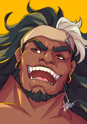 Rule 34 | 1boy, axel (studioaxel), bara, beard, black hair, chest tattoo, dark-skinned male, dark skin, earrings, full beard, highres, jewelry, looking to the side, male focus, mature male, mauga (overwatch), muscular, muscular male, nude, overwatch, overwatch 2, portrait, solo, tattoo, thick eyebrows, thick neck, v-shaped eyebrows