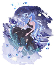 Rule 34 | 1girl, absurdres, animal ears, bare arms, black dress, blue hair, breasts, cleavage, collarbone, commentary request, covered mouth, dress, floating hair, flower, full body, full moon, highres, horse ears, long dress, long hair, looking to the side, medium breasts, mejiro ardan (umamusume), moon, petals, petticoat, ripples, sash, single bare shoulder, sitting on water, sleeveless, sleeveless dress, solo, star (sky), tomu (tom 309k), umamusume, water