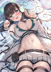 Rule 34 | 1girl, absurdres, animal ear headphones, animal ears, aqua eyes, bed sheet, belt, black hair, breasts, cat ear headphones, cleavage, collared shirt, fake animal ears, headphones, highres, large breasts, long hair, long sleeves, looking at viewer, lying, navel, non-web source, on back, open mouth, original, paw pose, pillow, pink eyes, pleated skirt, shirt, skirt, smile, solo, thigh strap, tomoo (tomo), white shirt, white skirt