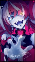 Rule 34 | 1girl, black nails, blue eyes, blush, character name, commentary request, fangs, fingernails, heart, heterochromia, highres, hololive, hololive indonesia, kureiji ollie, long hair, looking at viewer, multicolored hair, nail polish, open mouth, pale skin, pink hair, revision, scar, smile, solo, stitched face, stitched torso, stitches, teeth, touya kotonari, twintails, two-tone hair, virtual youtuber, white hair, yellow eyes, zombie