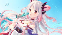 Rule 34 | 1girl, :d, bare shoulders, blue sky, bottle, braid, breasts, collarbone, cone hair bun, day, grey hair, hair bun, hand up, highres, holding, holding bottle, honey strap, horizon, japanese clothes, kimono, kusumoto shizuru, long hair, looking at viewer, medium breasts, nanashi inc., obi, off shoulder, open mouth, outdoors, pink hair, ramune, red eyes, sash, sky, smile, solo, sparkle, suou patra, teeth, twin braids, upper body, upper teeth only, very long hair, virtual youtuber, water, white kimono