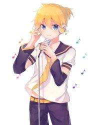 Rule 34 | 1boy, absurdres, aqua eyes, bass clef, blonde hair, blue eyes, closed mouth, commentary request, cowboy shot, detached sleeves, hair between eyes, hand on own face, headphones, headset, highres, kagamine len, looking at viewer, male focus, microphone, musical note, nail polish, necktie, sailor collar, short hair, short sleeves, simple background, solo, sora (sora11262), vocaloid, white background, yellow nails, yellow necktie