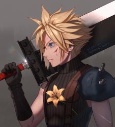 Rule 34 | 1boy, armor, black gloves, blonde hair, blood, blood from mouth, blood on face, blue eyes, buster sword, clip studio paint (medium), cloud strife, ear piercing, final fantasy, final fantasy vii, final fantasy vii remake, flower, gloves, holding, holding sword, holding weapon, looking to the side, over shoulder, piercing, scar, scar on face, serious, shinkuplanet, shoulder armor, sleeveless, sleeveless turtleneck, solo, spiked hair, square enix, suspenders, sword, sword over shoulder, turtleneck, upper body, weapon, weapon over shoulder