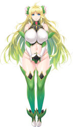 Rule 34 | 1girl, ahoge, aoi nagisa (metalder), black gloves, blonde hair, blue eyes, breasts, covered erect nipples, detached sleeves, elf, flower, full body, gloves, gradient hair, green hair, green thighhighs, hair flower, hair ornament, highres, huge breasts, long hair, looking at viewer, lucie menelumia, multicolored hair, navel, own hands together, pointy ears, simple background, smile, solo, thighhighs, thong, v arms, very long hair, white background, youkoso! sukebe elf no mori e