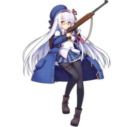 Rule 34 | 1girl, backpack, bag, coat, full body, girls&#039; frontline, gun, hairband, haluka (aixioo), hat, long hair, looking at viewer, m1 carbine, m1a1 (girls&#039; frontline), magazine (weapon), necktie, official art, orange eyes, pantyhose, pleated skirt, rifle, school uniform, shirt, skirt, solo, transparent background, trench coat, untucked shirt, very long hair, weapon, white hair