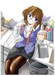 Rule 34 | 1girl, breasts, brown hair, cleavage, cover, cover image, cover page, delta-m, desk, glasses, large breasts, marker, office lady, original, pencil skirt, purple eyes, skirt, solo, thighhighs, undressing