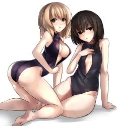 Rule 34 | 2girls, ass, bare shoulders, barefoot, black one-piece swimsuit, blonde hair, blush, bow, breasts, brown eyes, brown hair, cleavage, cleavage cutout, clothing cutout, competition swimsuit, front zipper swimsuit, gluteal fold, hair bow, hair ornament, hand on floor, janne cherry, kneeling, looking at viewer, looking back, maribel hearn, medium breasts, meme attire, multiple girls, no headwear, one-piece swimsuit, shadow, short hair, simple background, sitting, small breasts, swimsuit, thighs, touhou, usami renko, white background, yellow eyes, zipper