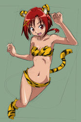 Rule 34 | 10s, 1girl, animal ears, animal print, cat ears, cat tail, fang, green background, hino akane (smile precure!), looking at viewer, open mouth, precure, red eyes, red hair, rohitsuka, short hair, sketch, smile precure!, solo, tail, tiger ears, tiger print, tiger tail