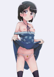 Rule 34 | 1girl, bad id, bad pixiv id, black hair, black thighhighs, blue dress, blush, breasts, breasts out, clothes lift, commentary request, cowboy shot, crotchless, crotchless panties, dress, dress lift, hayyan, highres, looking away, no bra, original, panties, pussy, ribbon, short hair, side-tie panties, simple background, solo, thighhighs, underwear