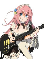 Rule 34 | 1girl, alternate costume, apron, black dress, black ribbon, blue eyes, blush, bocchi the rock!, breasts, cleavage, closed mouth, commentary request, cube hair ornament, detached collar, dress, electric guitar, enmaided, frilled dress, frills, gibson les paul, gotoh hitori, guitar, hair between eyes, hair ornament, high collar, highres, instrument, large breasts, long hair, looking at viewer, maid, maid apron, maid headdress, neck ribbon, on one knee, pink hair, puffy short sleeves, puffy sleeves, ribbon, rurushu ki san, short sleeves, solo, thighhighs, white thighhighs, wrist cuffs, zettai ryouiki